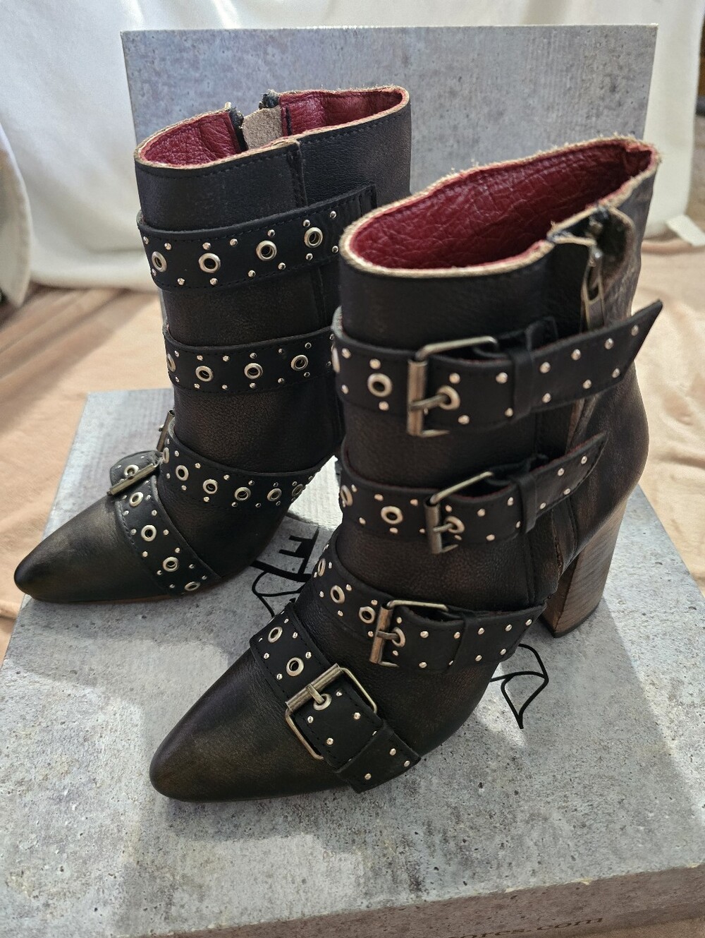 Freebird by Steven Joust Leather Black Studded Buckle Ankle Boots Size 7